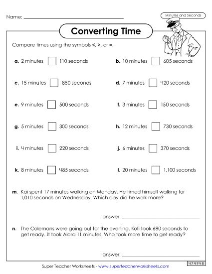 Hours, Minutes, Seconds - Converting Time: Minutes and Seconds Greater Than, Less Than, or Equal to  (Printable PDF Worksheet)