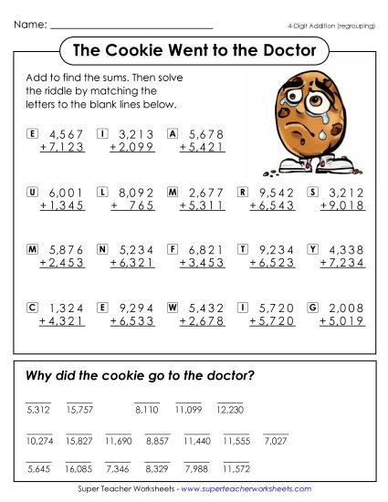 Addition - Cookie Went to the Doctor (4-Digit Addition) (Printable PDF Worksheet)