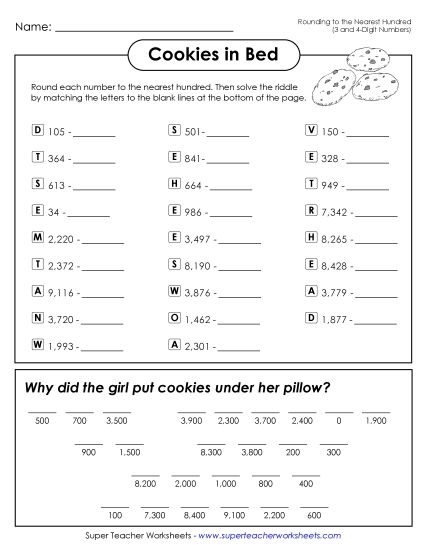 Rounding - Cookies in Bed (Rounding to the Nearest Hundred) (Printable PDF Worksheet)