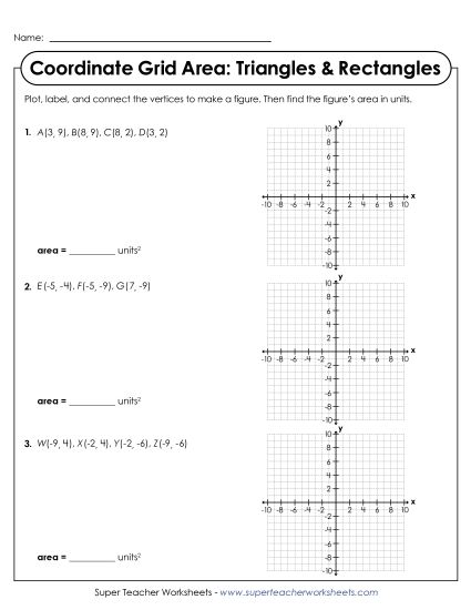 Area & Perimeter on a Coordinate Grid - Coordinate Grid Area: Triangles & Rectangles Mixed (Printable PDF Worksheet)