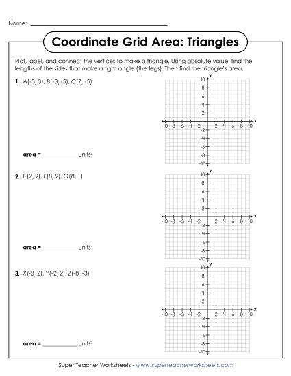 Area & Perimeter on a Coordinate Grid - Coordinate Grid Area: Triangles Worksheet 1 (Printable PDF Worksheet)