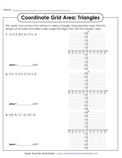 Area & Perimeter on a Coordinate Grid - Coordinate Grid Area: Triangles Worksheet 2 (Printable PDF Worksheet)