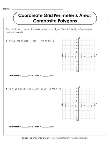 Area & Perimeter on a Coordinate Grid - Coordinate Grid Perimeter & Area:  Composite Polygons (Printable PDF Worksheet)