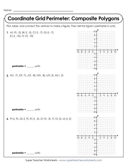 Area & Perimeter on a Coordinate Grid - Coordinate Grid Perimeter: Composite Polygons (Printable PDF Worksheet)