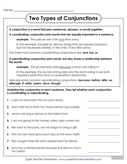 Advanced - Coordinating and Subordinating Conjunctions (Printable PDF Worksheet)