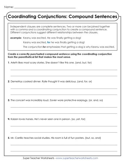 Advanced - Coordinating Conjunctions: Compound Sentences (Printable PDF Worksheet)