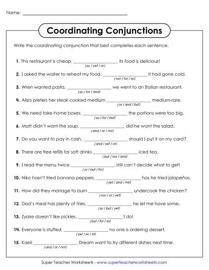 Advanced - Coordinating Conjunctions Fill-in (Printable PDF Worksheet)