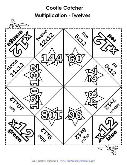 Multiplication by 12s Only - Cootie Catcher: Multiplication by 12s (Printable PDF Worksheet)