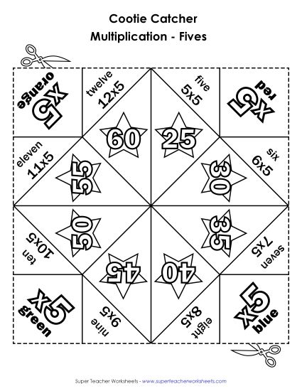 Multiplication Basic Facts - Cootie Catcher Multiply by FIVE (Printable PDF Worksheet)
