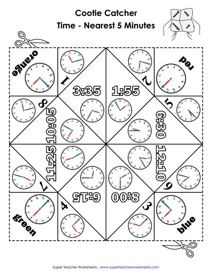Reading Clocks: Nearest 5 Minutes - Cootie Catcher: Nearest 5 Mins (Printable PDF Worksheet)