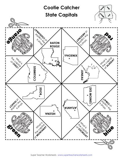 States & Capitals Games - Cootie Catcher: States and Caps (Printable PDF Worksheet)