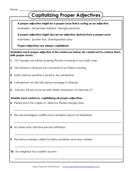 Proper Adjectives - Correct Capitalization of Proper Adjectives (Printable PDF Worksheet)