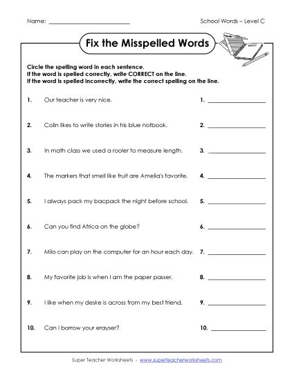 Worksheets and Activities  - Correct or Incorrect? (C-School Words)  (Printable PDF Worksheet)