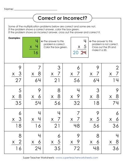 All Facts 0s through 9s - Correct or Incorrect? (Printable PDF Worksheet)