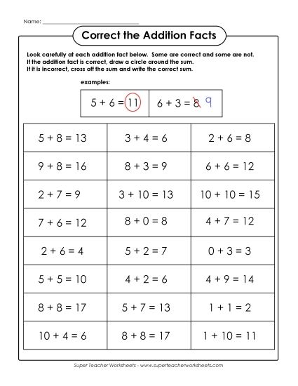Addition Worksheets & Games - Correct the Addition (Printable PDF Worksheet)