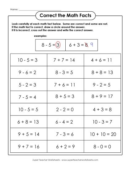 Basic Facts - Correct the Basic Facts (Printable PDF Worksheet)