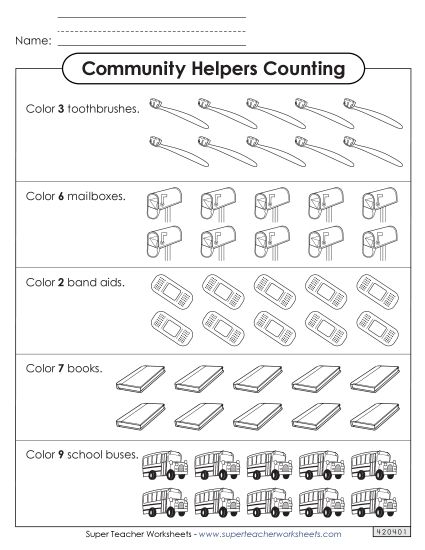 Counting Up to 10 - Count and Color the Items (Community Helpers) (Printable PDF Worksheet)