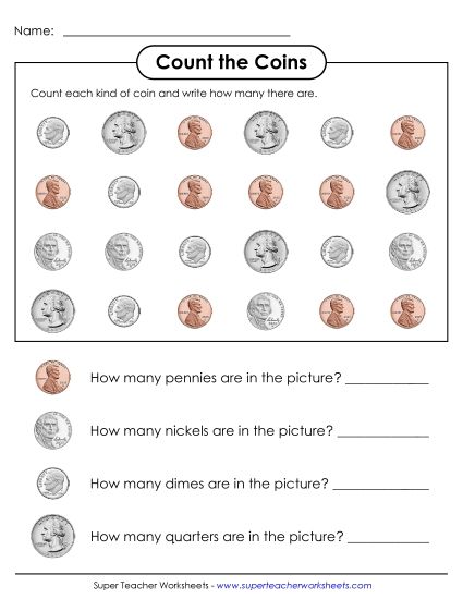 Pennies, Nickels, Dimes, Quarters - Count the Coins (Printable PDF Worksheet)