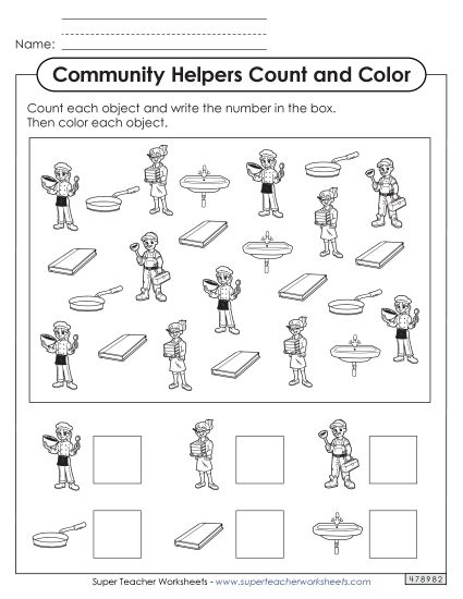 Counting Up to 10 - Count the Objects  (Bus Driver, Construction Worker, Mail Carrier) (Printable PDF Worksheet)