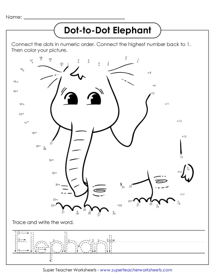 Count and Write - Count to 50 & Write: Elephant (Printable PDF Worksheet)