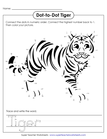 Count and Write - Count to 50 & Write: Tiger (Printable PDF Worksheet)