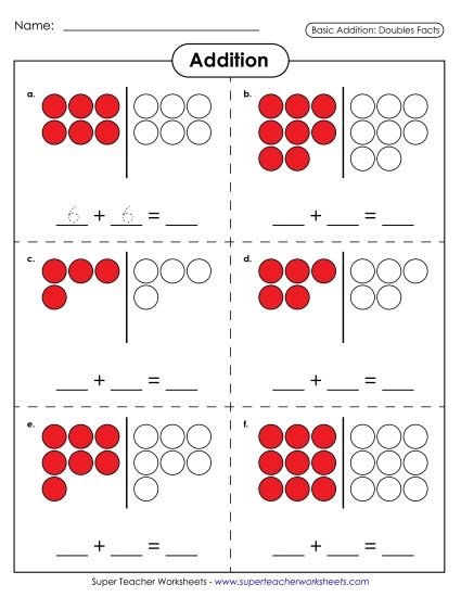 Graphical Concept Worksheets: Addition Doubles Facts - Counters - Doubles Facts (Printable PDF Worksheet)