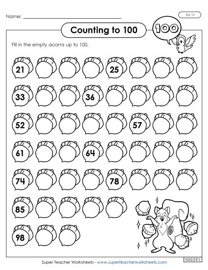 Counting: 2-Digit Numbers - Counting Acorns (2-Digit) (Printable PDF Worksheet)
