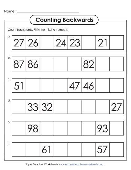 Counting Backwards: Fill In (Printable PDF Worksheet)