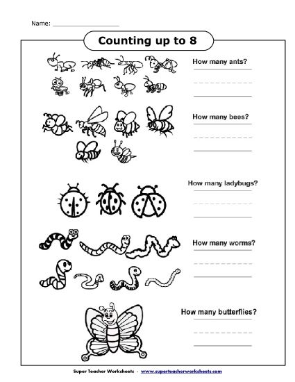 Counting Up to 10 - Counting Bugs (Up to 8) (Printable PDF Worksheet)