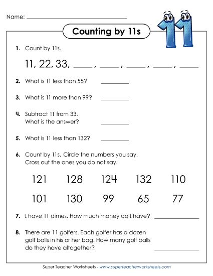 Skip Counting by 11s - Counting By 11s - Questions (Printable PDF Worksheet)