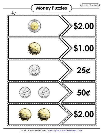 Mixed Coins - Counting Coins Matching Puzzle (Basic) (Printable PDF Worksheet)