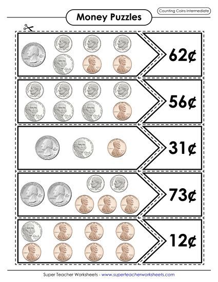 Coins Only (No Bills) - Counting Coins Matching Puzzle (Printable PDF Worksheet)