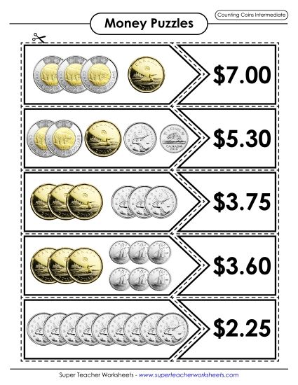 Mixed Coins - Counting Coins Matching Puzzle (Intermediate) (Printable PDF Worksheet)