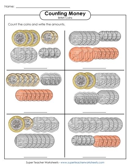 Modern Coins - Counting Coins (UK) (Printable PDF Worksheet)