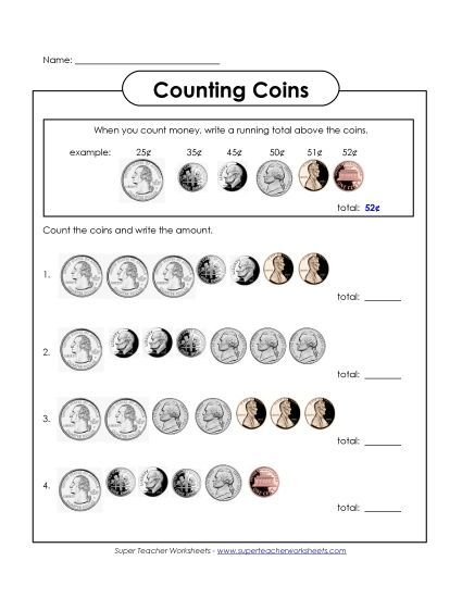 Coins Only (No Bills) - Counting Coins with Running Total (Printable PDF Worksheet)