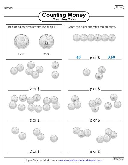Basic (Single Coins & Bills) - Counting Dimes (Printable PDF Worksheet)