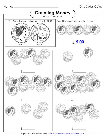 Single Coins (Very Basic Level) - Counting Dollar Coins (Printable PDF Worksheet)