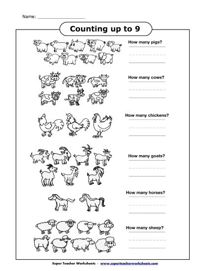 Counting Up to 10 - Counting Farm Animals (Up to 9) (Printable PDF Worksheet)