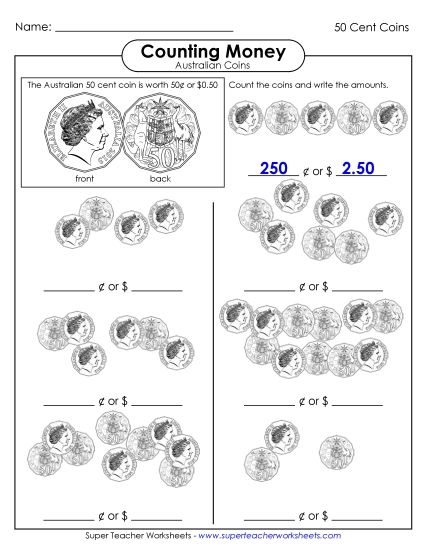 Single Coins (Very Basic Level) - Counting Fifty Cent Coins (Printable PDF Worksheet)