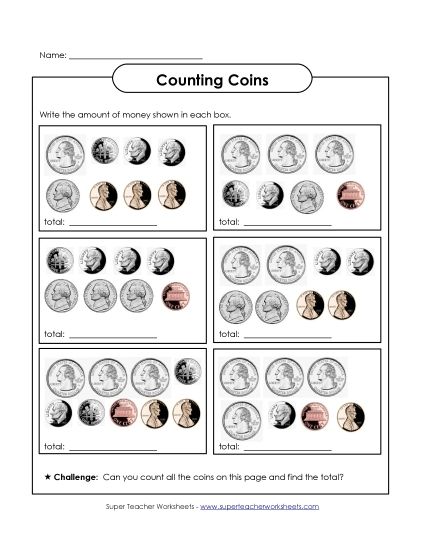 Coins Only (No Bills) - Counting Mixed Coins 1 (Printable PDF Worksheet)