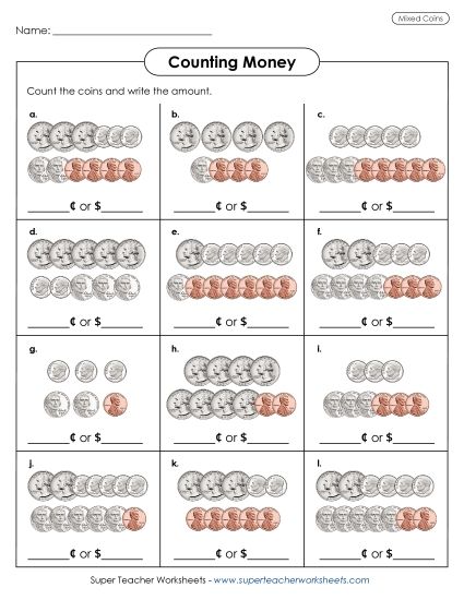 Coins Only (No Bills) - Counting Mixed Coins 2 (Printable PDF Worksheet)