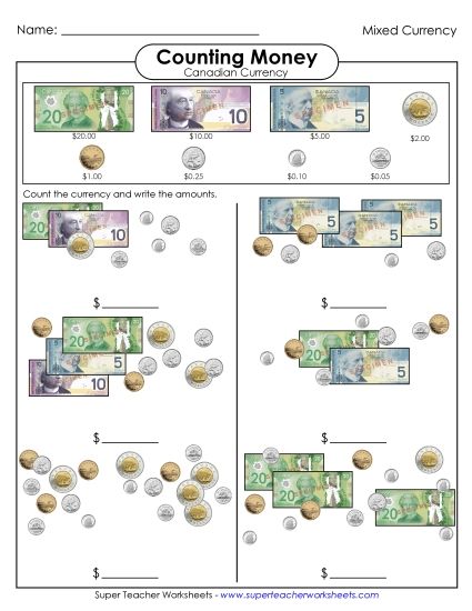 Mixed Coins & Bills - Counting Mixed Coins & Bills #1 (Printable PDF Worksheet)