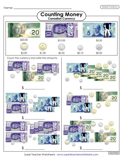 Mixed Coins & Bills - Counting Mixed Coins and Bills #2 (Printable PDF Worksheet)