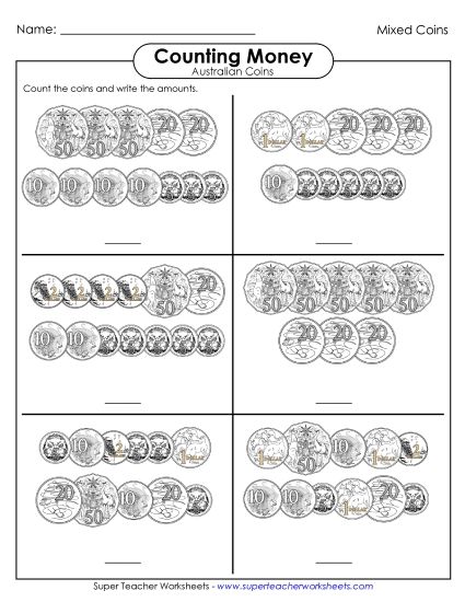 Mixed Coins (Intermediate Level) - Counting Mixed Coins (Printable PDF Worksheet)