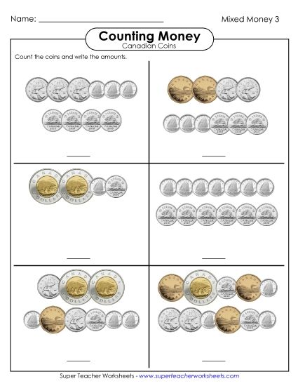 Mixed Coins - Counting Mixed Coins (Printable PDF Worksheet)