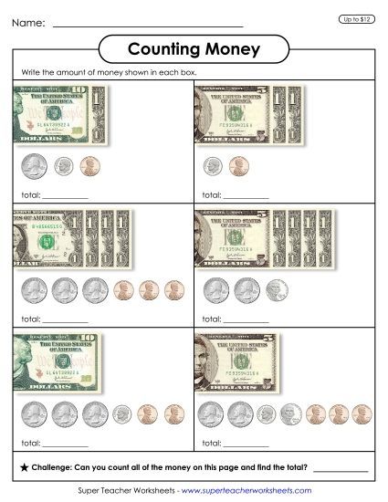 Amounts Up to $12 - Counting Money 1 (Up to $12) (Printable PDF Worksheet)