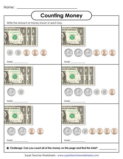 Amounts Up to $4 - Counting Money 1 (Up to $4) (Printable PDF Worksheet)