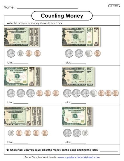 Amounts Up to $50 - Counting Money 1 (Up to $50) (Printable PDF Worksheet)