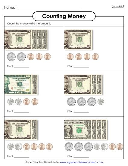 Amounts Up to $12 - Counting Money 2 (Up to $12) (Printable PDF Worksheet)