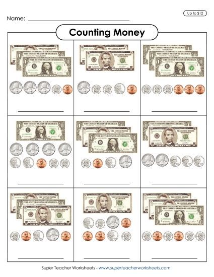 Amounts Up to $12 - Counting Money 3 (Up to $12) (Printable PDF Worksheet)